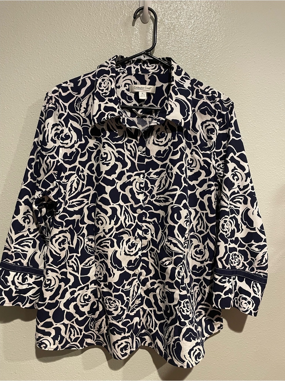 Coldwater Creek Navy and White Rose Floral Button-Front Shirt